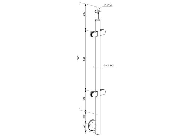 Edelstahl Geländerpfosten Mittelpfosten Ø42,4 Bauhöhe 1000mm mit 4x Glasklemmen 63x45mm vorgesetzt Geländer V2A